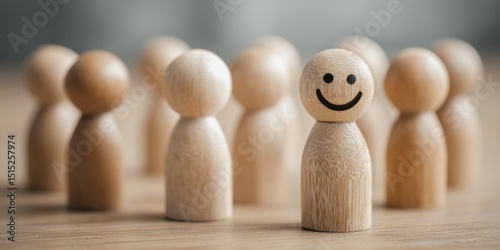 Wooden figures arranged in a group with one standout figure displaying a happy expression, symbolizing positivity in community settings