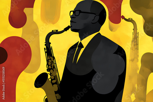 Artistic illustration of a saxophonist passionately playing saxophone set against vibrant abstract background dynamic music theme expressive colorful design perfect for jazz and creativity concepts