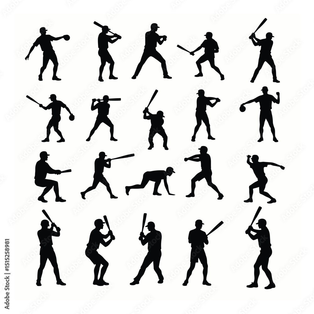 Naklejka premium Baseball player silhouettes action poses logo set