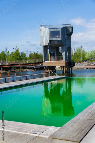 Sauna at Allmanna harbour bath with floating swimming pools in Frihamnen, Gothenburg, Sweden, sunny day