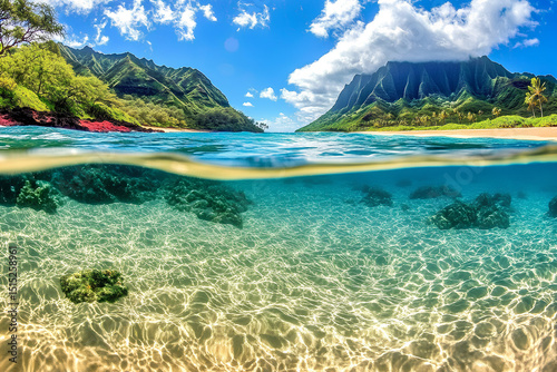 Stunning seascape featuring colorful coral reef beneath clear turquoise water bright tropical ocean scene with underwater marine life and vibrant natural beauty perfect for travel and nature themes photo