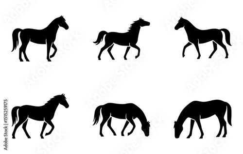 Six black silhouettes of horses in various poses, representing different actions