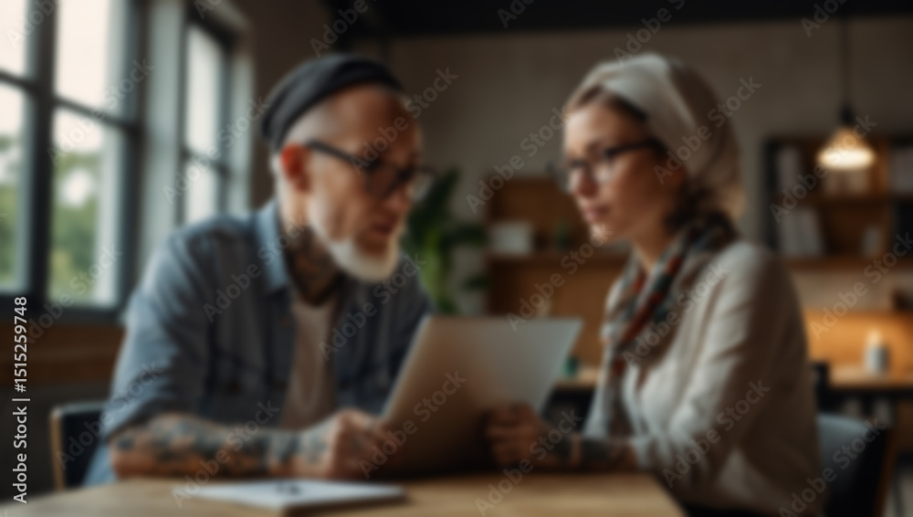 Fototapeta premium Blurred background of senior couple using laptop in coffee shop. Created using generative AI tools