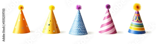 A row of five colorful party hats with pom poms on a white background in a studio shot setting