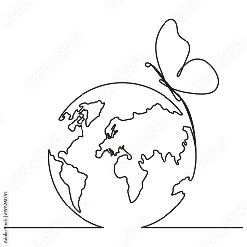Flying butterfly with Earth globe continuous line drawing symbol. World map one line art. Vector illustration isolated on white background.