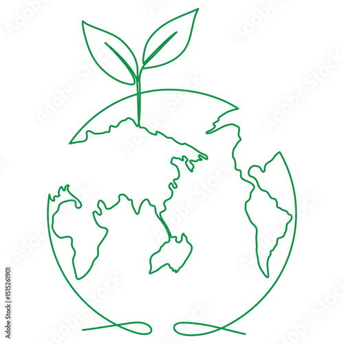 Earth globe with leaves continuous line drawing. World map with curve line. Vector illustration isolated on white.