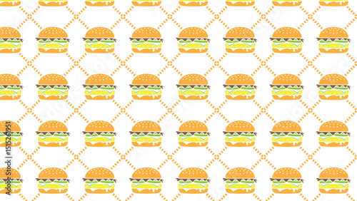 Playful Orange Burger Pattern with Hexagonal Grid for Food-Themed Wallpapers and Packaging Designs