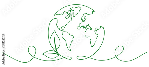 Earth globe with leaves continuous line drawing. World map with curve line. Vector illustration isolated on white.