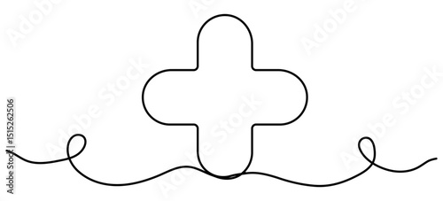 Continuous line drawing plus sign. Medicine or mathematic symbol. Vector illustration isolated on white.
