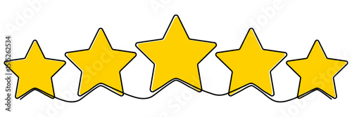 Five yellow stars shapes continuous line drawing. Feedback and rating concept. Vector illustration isolated on white.	