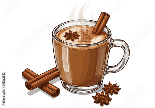 Warm spiced beverage in glass mug with cinnamon
