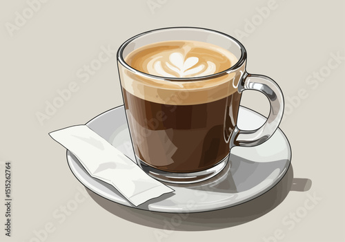 Latte in glass cup on saucer