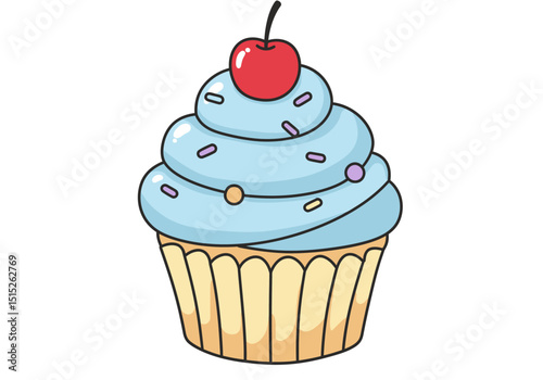 Light blue frosted cupcake with cherry