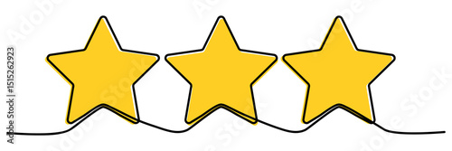 Three yellow stars shapes continuous line drawing. Feedback and rating concept. Vector illustration isolated on white.