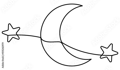 Young moon with star continuous line drawing. Night symbol. Vector illustration isolated on white.