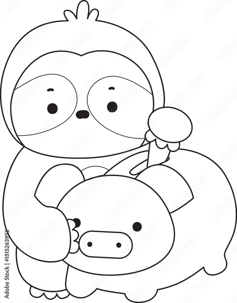 Obraz premium Outline of Cute sloth vector icon. Coloring book of Funny baby sloth animal.