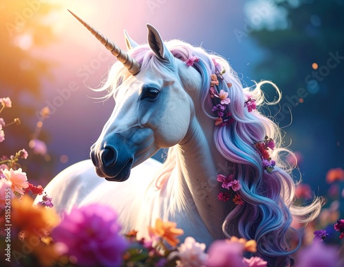 Majestic unicorn in floral garden