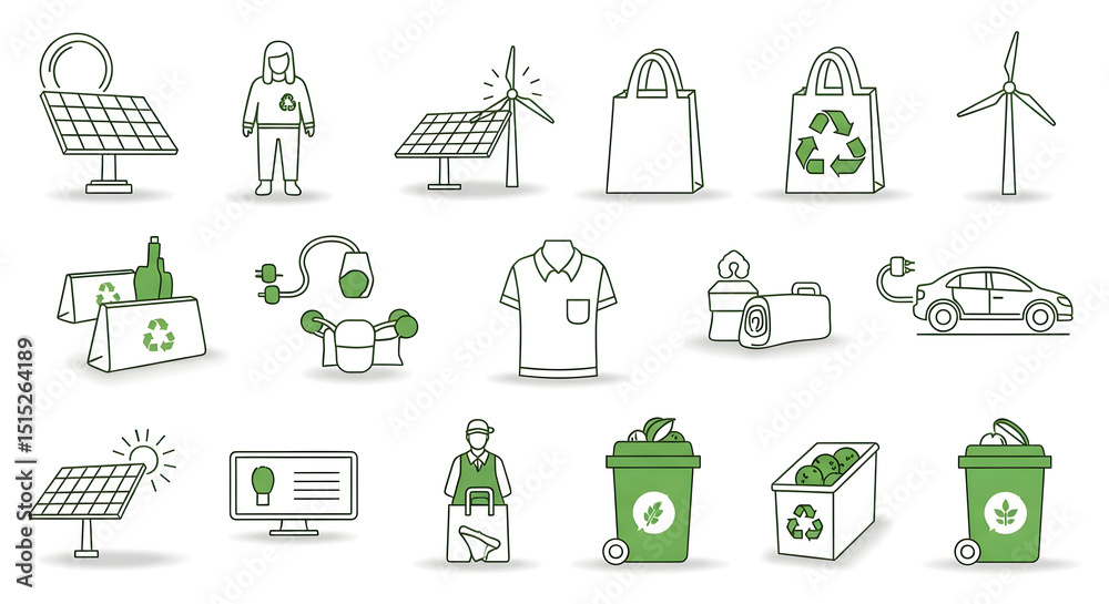 Fototapeta premium Minimalistic Green Icons Set for World Environment Day 2025 – Sustainable Living Symbols on White Background
