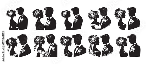 Elegant silhouettes of bride and groom couples in love wedding themed vector illustrations