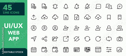 UI UX line icon set. Web and mobile modern interface, app navigation, settings, dashboard, notification, and editable outline vector icon collection.