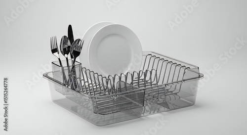 Transparent plastic dish drainer with silverware and plates