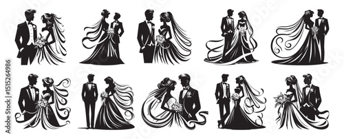Elegant wedding couple silhouettes in black and white featuring bridal gowns and tuxedos