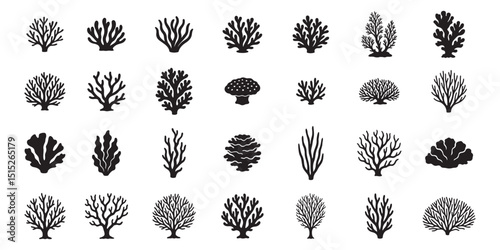 Black coral silhouette icon set seaweed and underwater plant vector collection