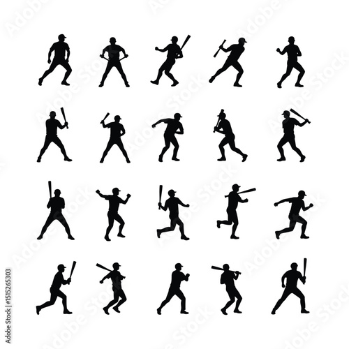 Baseball player silhouettes action poses set collection