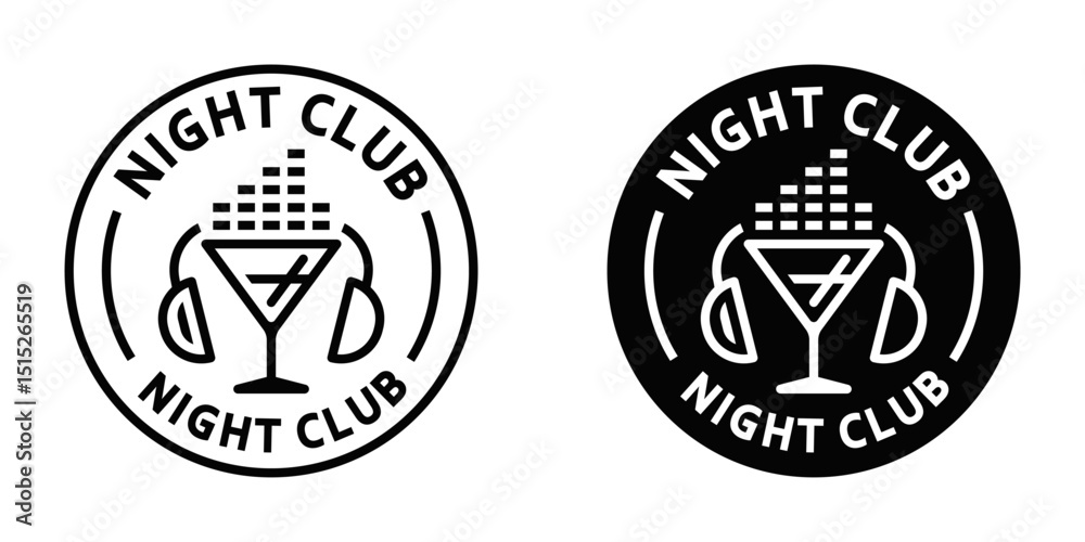 Obraz premium Vector icon of nightclub badge with cocktail glass and headphones.