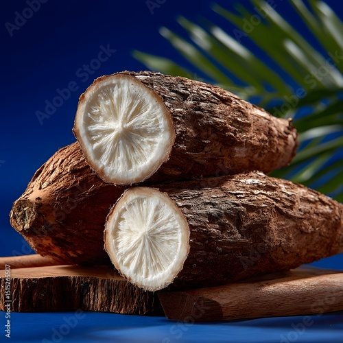 Close-up of two cassava roots, sliced open, showing a white interior