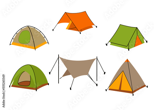 Set of Camping tents. Summer travel, wilderness exploration, and nature trip concept A-frame tents for outdoor adventure, hiking, and camping.