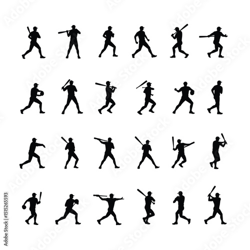 Baseball player silhouettes action poses set