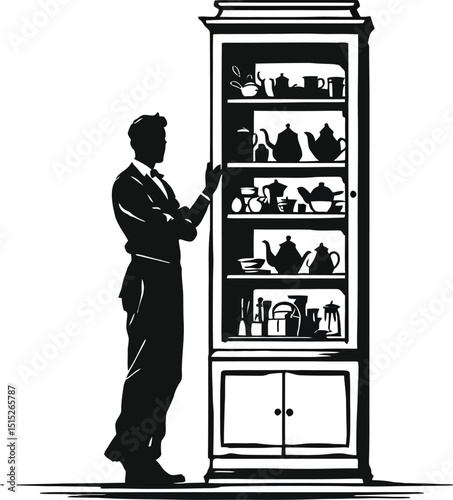 Kitchen Storage & Home Organization Symbol Set Featuring a Tall Cabinet Filled with Various Kitchenware Items, Including Teapots, Cups, Bowls, and Utensils, With a Silhouetted Person Standing Beside 