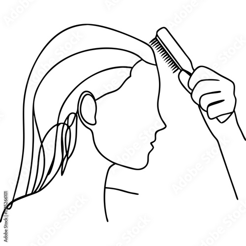 Woman brushing hair, line art illustration, for beauty blogs