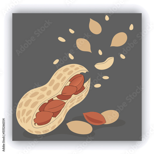 A split peanut pod, filled with scattered peanuts and peanut pieces, is shown in mid-air, with many pieces flying outward. The peanuts are a light brown color.  The pod is light beige, with a natural 