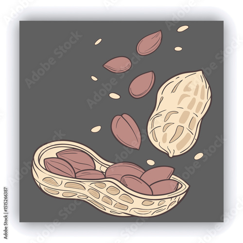 A split peanut pod, filled with scattered peanuts and peanut pieces, is shown in mid-air, with many pieces flying outward. The peanuts are a light brown color.  The pod is light beige, with a natural 