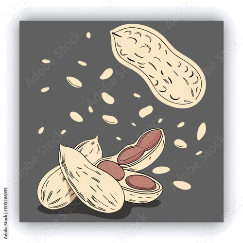 A split peanut pod, filled with scattered peanuts and peanut pieces, is shown in mid-air, with many pieces flying outward. The peanuts are a light brown color.  The pod is light beige, with a natural 