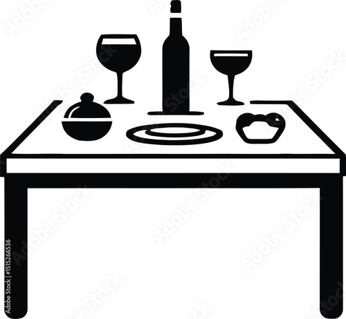 Dining & Beverage Symbol Set Featuring a Table with a Wine Bottle, Two Glasses, a Covered Dish, a Plate, and a Bowl, Representing Hospitality, Social Gatherings, and Elegant Dining