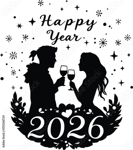 New Year Celebration & Festive Toast Symbol Set Featuring a Silhouetted Couple Raising Wine Glasses, Framed by Sparkling Stars and Snowflake-Like Shapes, with the Text \"Happy Year\"