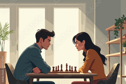  illustration of a man and woman focusing on a chess game in a cozy interio