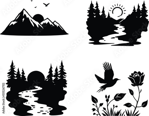 Natural Beauty & Scenic Landscape Symbol Set Featuring Four Black Silhouettes Showcasing Diverse Outdoor Elements: A Majestic Mountain Range with Birds Flying, A Tranquil River Flowing 