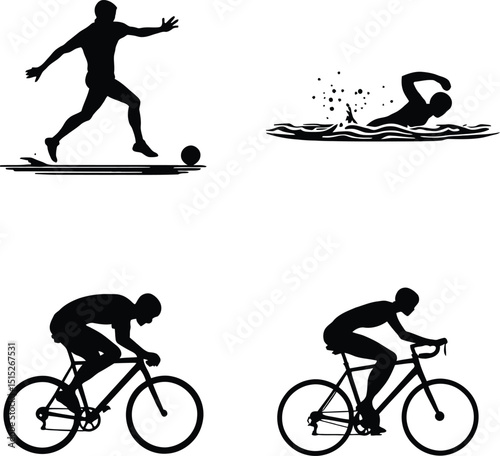 Sports & Active Lifestyle Symbol Set Featuring Four Silhouetted Figures Engaging in Different Physical Activities: A Soccer Player Kicking a Ball, A Swimmer in Motion, A Cyclist in a Racing Position