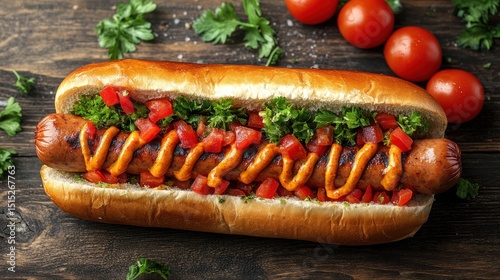 Gourmet Hotdog Loaded with Fresh Vegetables and Condiments on Dark Wooden Surface