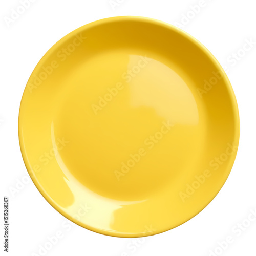 A top down view of a simple, round, and empty yellow plate isolated  isolated on transparent background