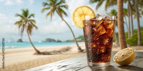 Refreshing Glass of Cola with Ice and Lemon in Tropical Setting V4