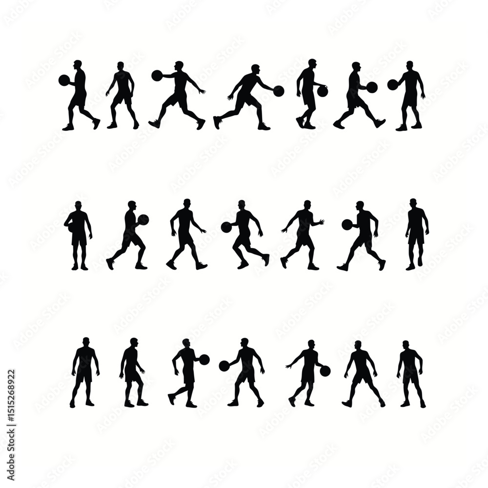 Basketball player silhouettes action poses set dribbling passing shooting