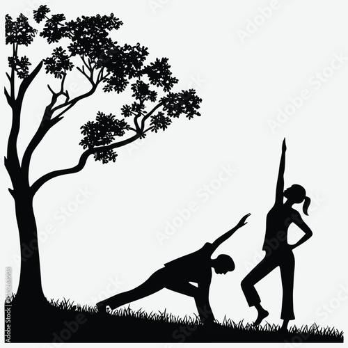 yoga poses in a serene outdoor setting silhouette image vector art and illustration
