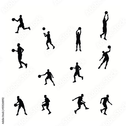 Basketball player silhouettes action poses set