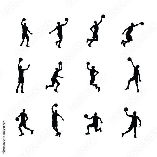 Basketball player silhouettes action poses set