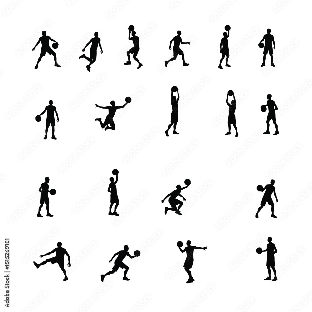 Basketball player silhouettes action poses set Basketball player silhouettes action poses set